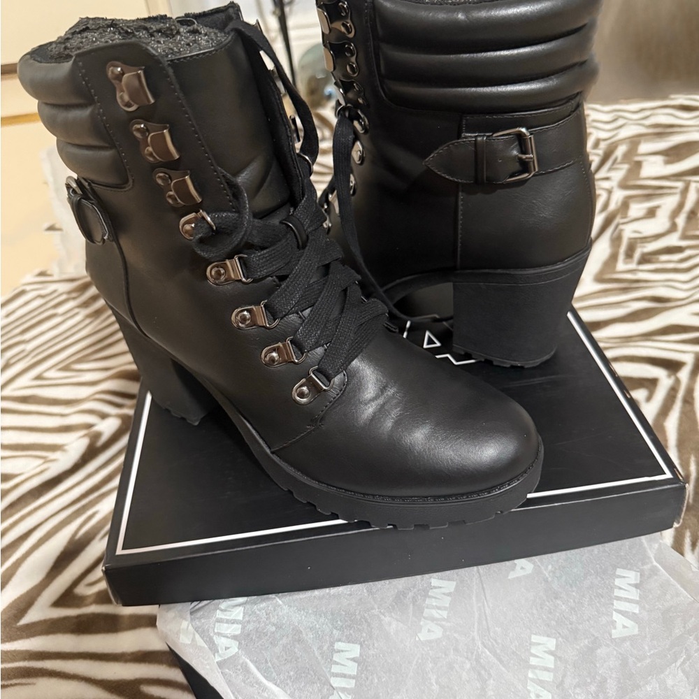 MIA Black Lace Up Boots with Buckle Detail